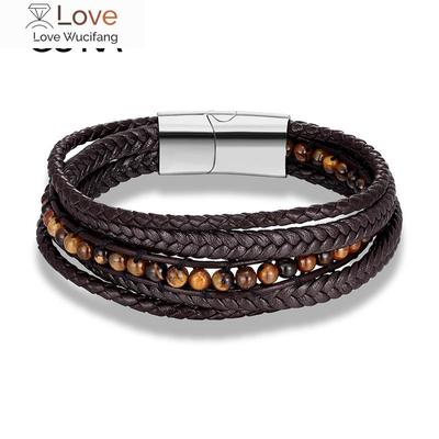 Perlenarmband Mode Männer Schmuck Edelstahl Tigerauge Naturstein Bettelarmband Magnetverschluss Lederarmbänder Als Geschenk