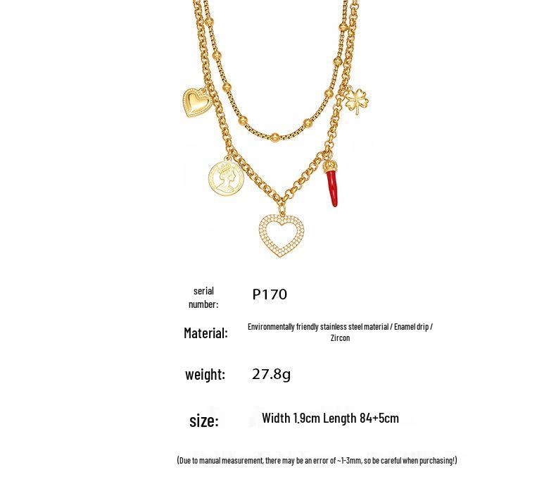 Qiong Yao 5A Zirconia Clover Heart Double Layer 18K Gold-Plated Necklace