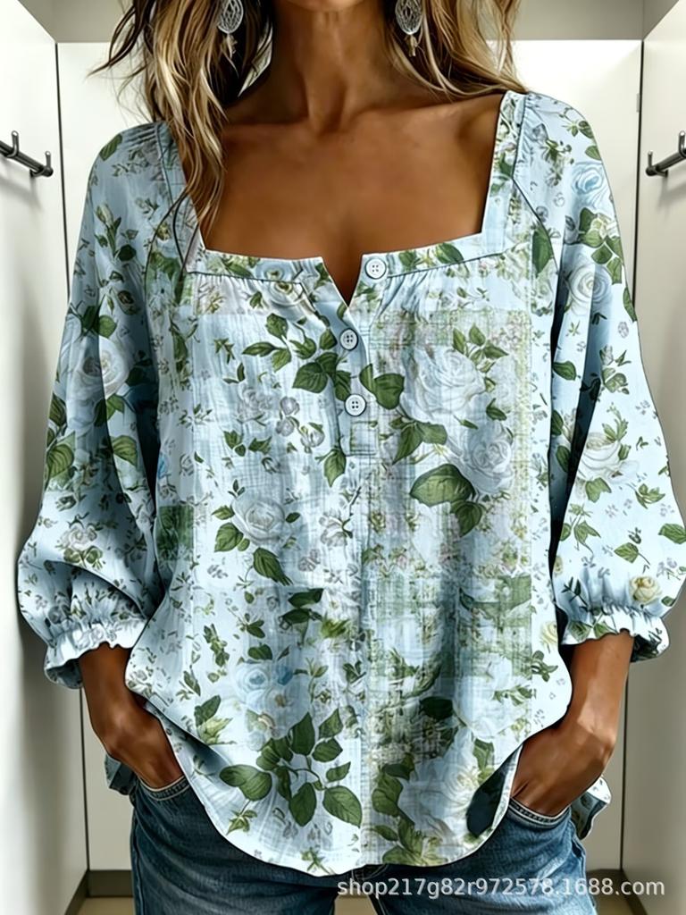 New Xiyin Summer T-Shirt Women's Printed Square Neck Button Bubble Sleeve Women's Top Women's