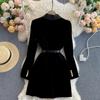 Winter Ladies Suit Collar Temperament British Style Double-breasted Slim Velvet Dress