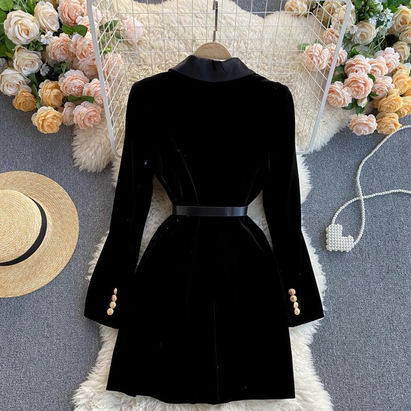 Winter Ladies Suit Collar Temperament British Style Double-breasted Slim Velvet Dress