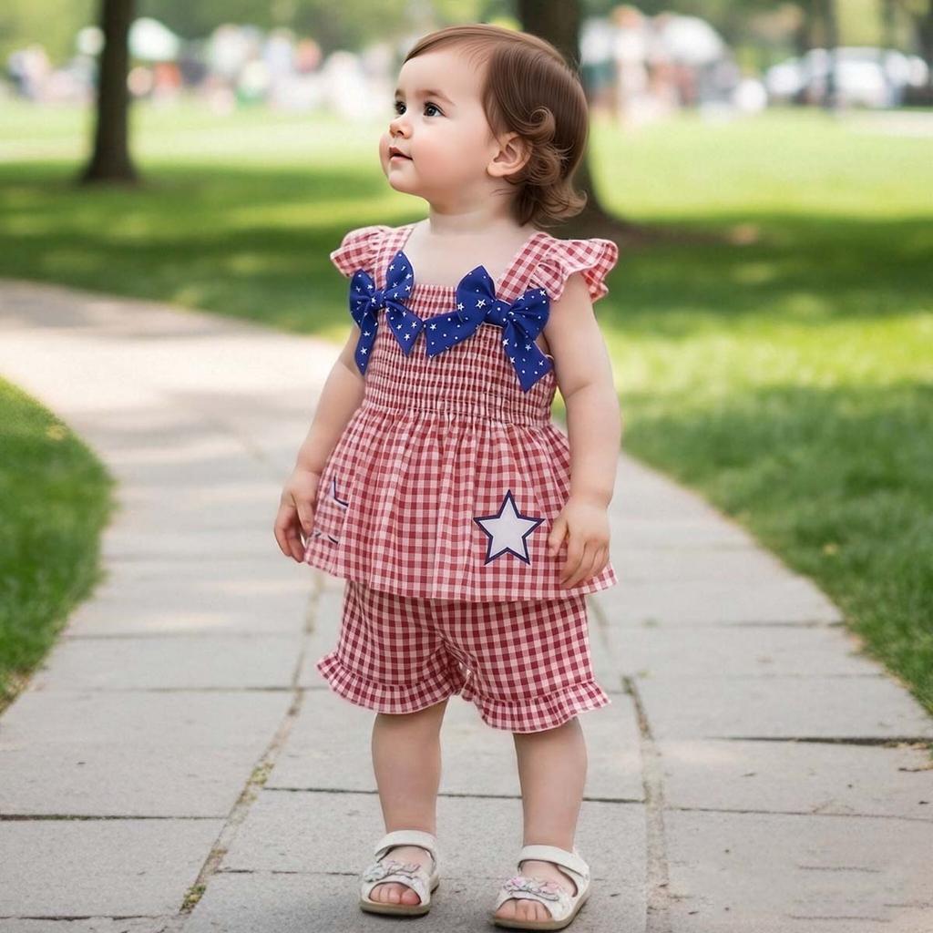 Hot Selling Patriotic Infant Girls Clothing Set Star Bow Fly Sleeve Top Plaid Shorts 2 Piece Outfit With Heart Embroidery For 0 3 Years Old Daily Wear