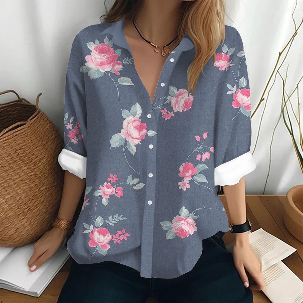 Women's Fashion Shirt Bottom Casual T-shirt Loose Lapel Top Long Sleeved Button Printed Clothing Party Elegant Women's Shirt