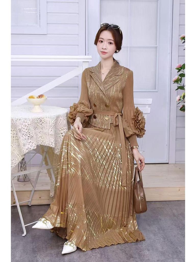 European and American Panhua 3D Floral Pleated Dress with Lantern Sleeves and Large Swing Skirt