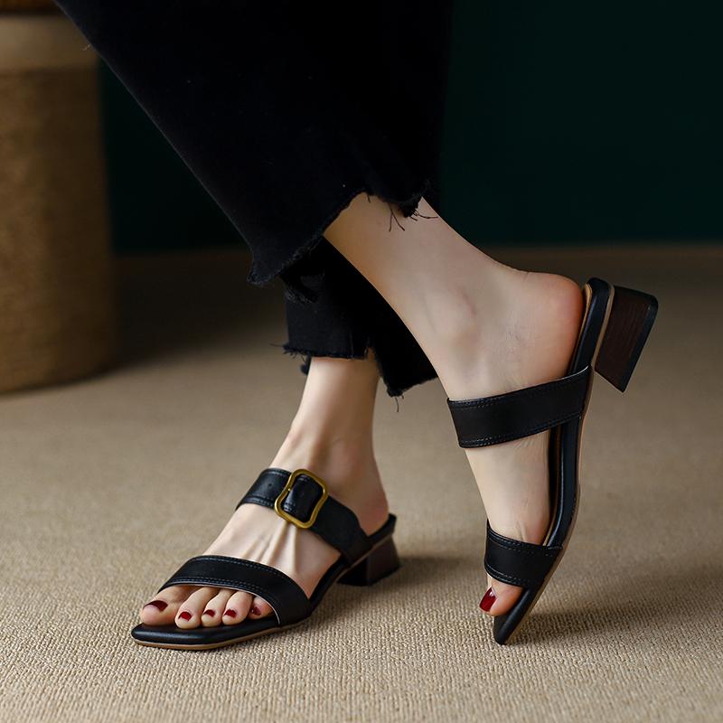 2024 New Women Sandals Genuine Leather Slippers Fashion Concise Comfortable Casual High Heels Spring Summer Shoes Woman Slippers