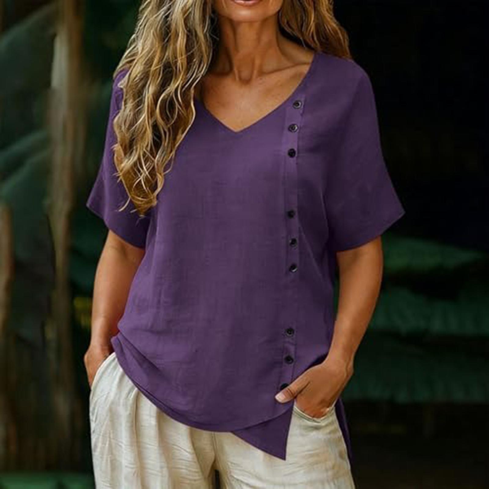

Women s V-neck Cotton And Linen Buttoned Short-sleeved T-shirt Top XL