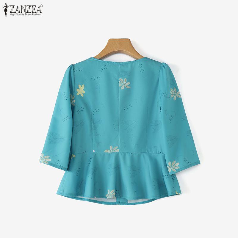 ZANZEA Women Casual Round Neck 3/4 Sleeve Elegant Floral Blouse