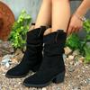 Women's Western Style Pointed Toe Booties Large Size Chunky Heel French Vintage Short Boots Autumn Winter New Arrival