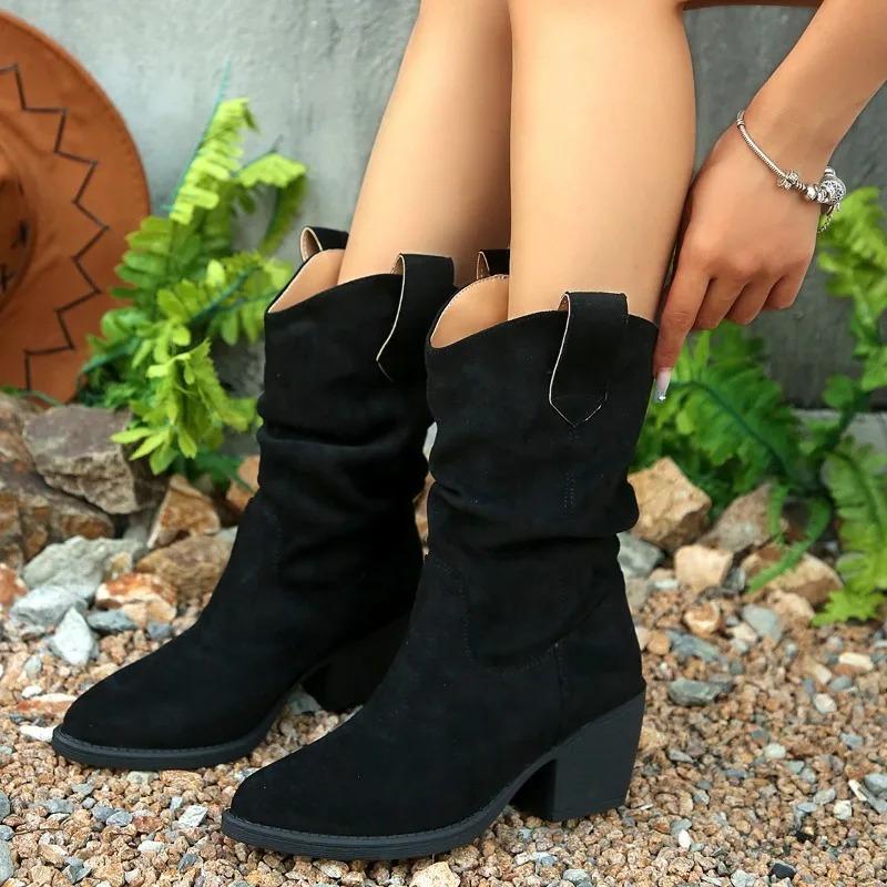 Women's Western Style Pointed Toe Booties Large Size Chunky Heel French Vintage Short Boots Autumn Winter New Arrival