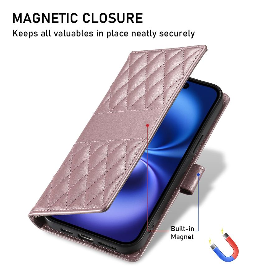 Étui de téléphone matelassé en losanges en cuir PU premium avec cadre photo et poche pour billets pour iPhone Samsung Google Dragonne détachable