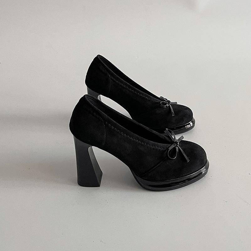 

Винтажные замшевые туфли-лодочки на толстом каблуке и супервысоком каблуке, летние, с французским темпераментом, с круглым носком, женские туфли Мэри Джейн 35