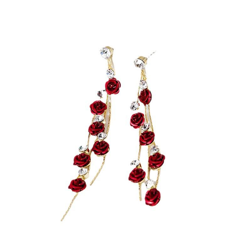 Natural Silver Needle Red Tassel Heart & Pearl Earrings for Women - Face-Slimming, Fashionable Wedding Jewelry