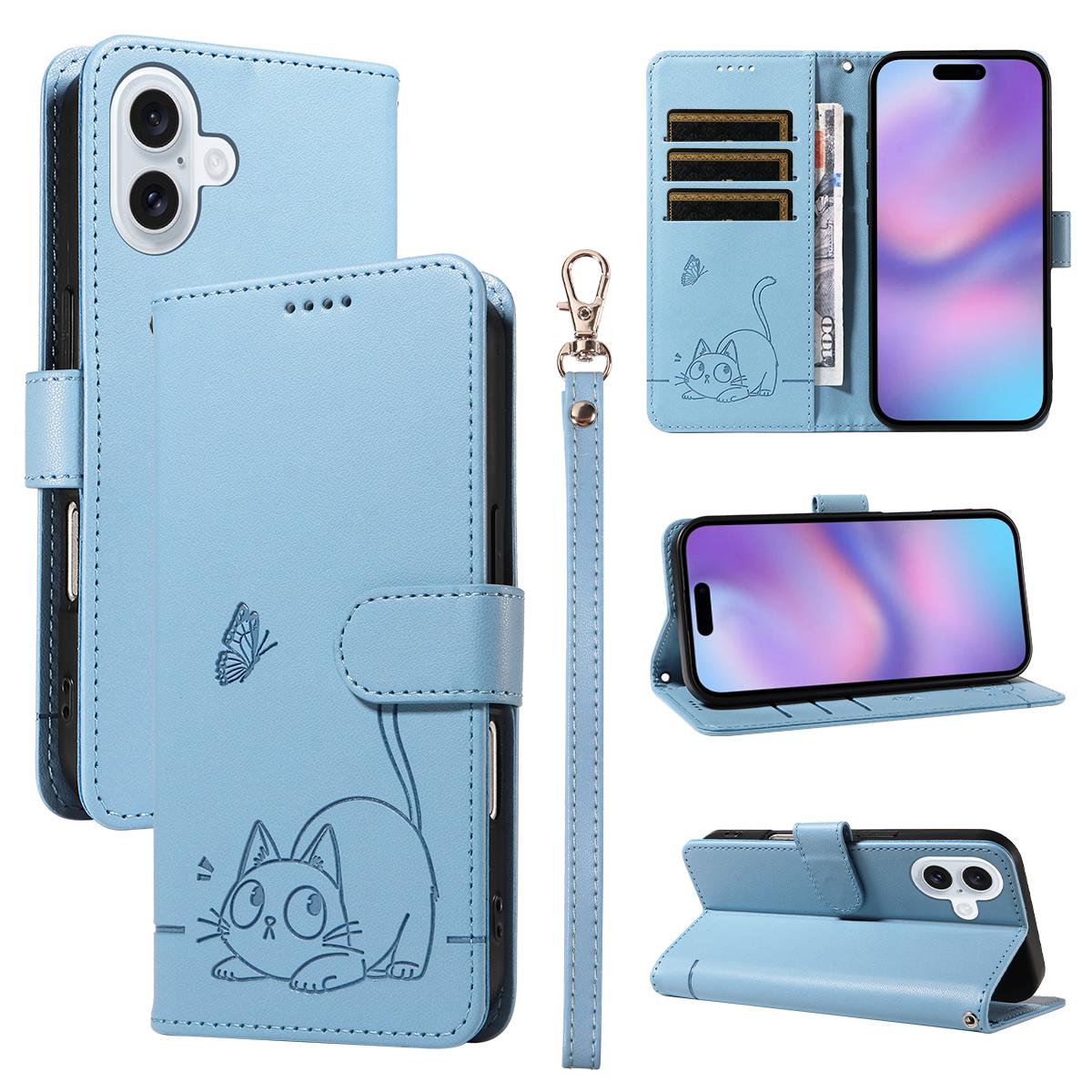 

For iPhone 17 Case Cat Pattern Imprint Leather Phone Cover with Wrist Strap Sky Blue