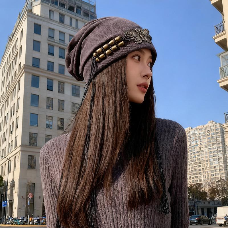Autumn and Winter New Tie Dye Tassel Hat for Women Retro Baotou Cold Hat Big Head Circumference Showing Face Small Butterfly Pile Hat