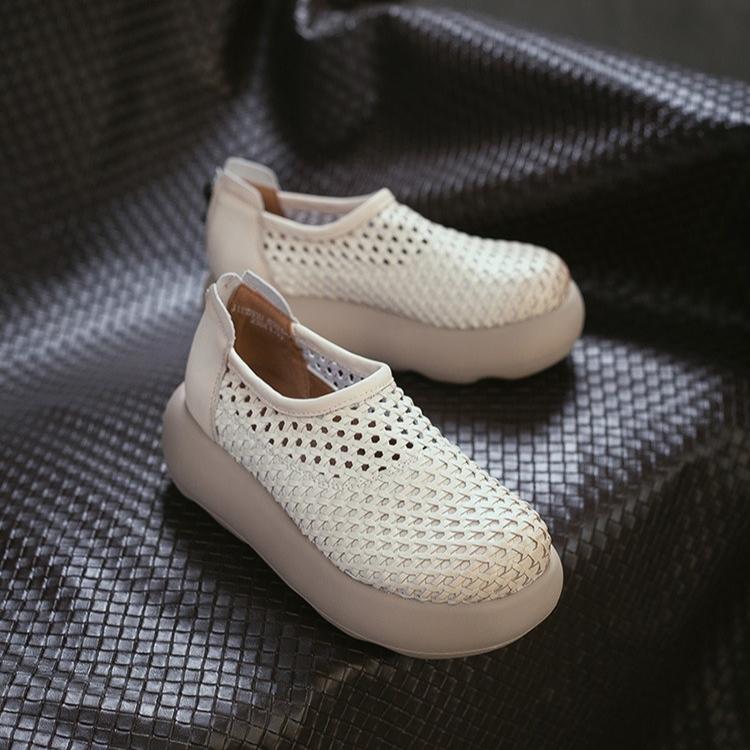 Johnature Retro Hollow-out Breathable Woven Genuine Leather Thick Soled Sandals Simple Women's Platform Shoes