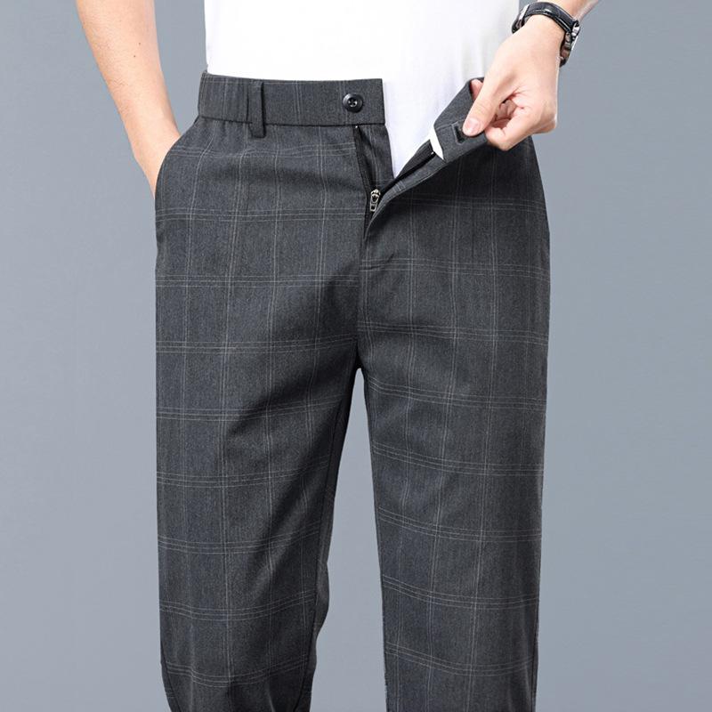 Pantaloni Estivi Sottili a Quadri Formale Elasticizzati Uomo Slim Business Grigio Nero Casual Pantaloni Moda Abbigliamento Maschile Inghilterra