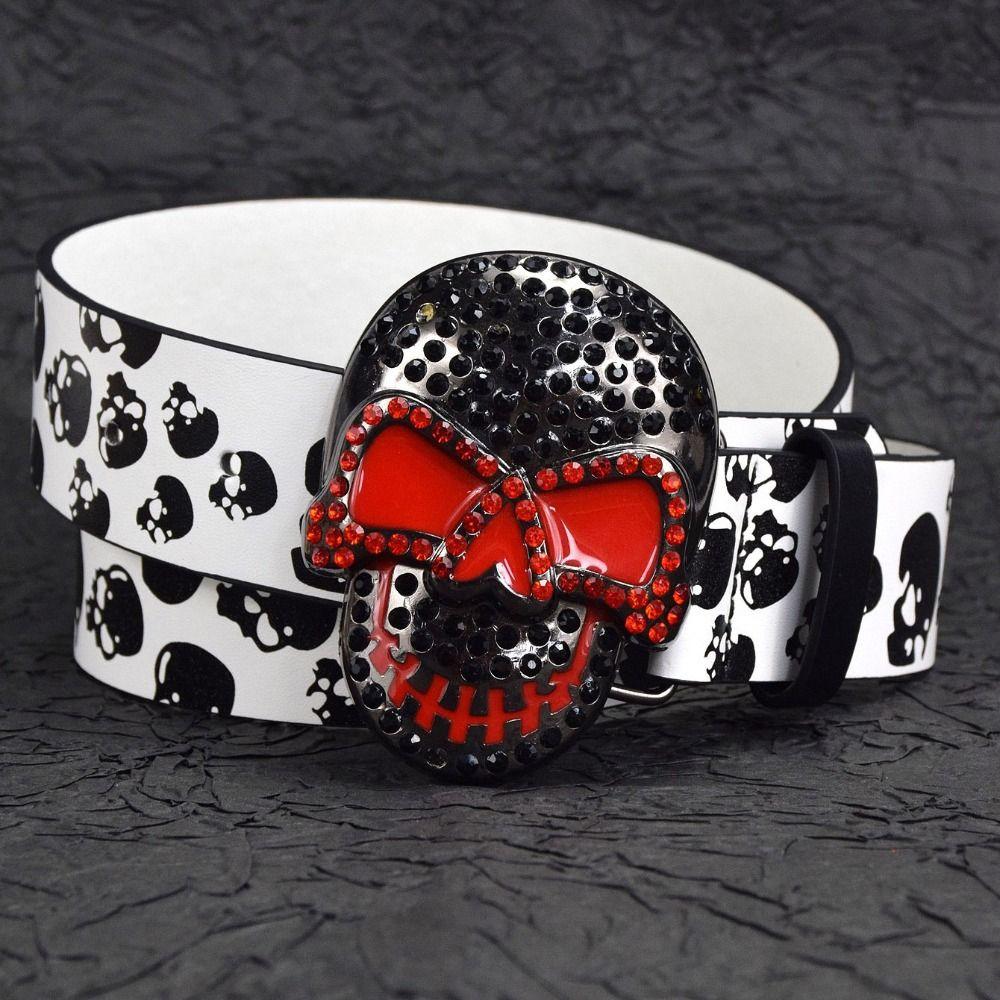 Rhinestone Skull Print Belt Pu Leather Halloween Skeleton Waistband  Belt Accessories