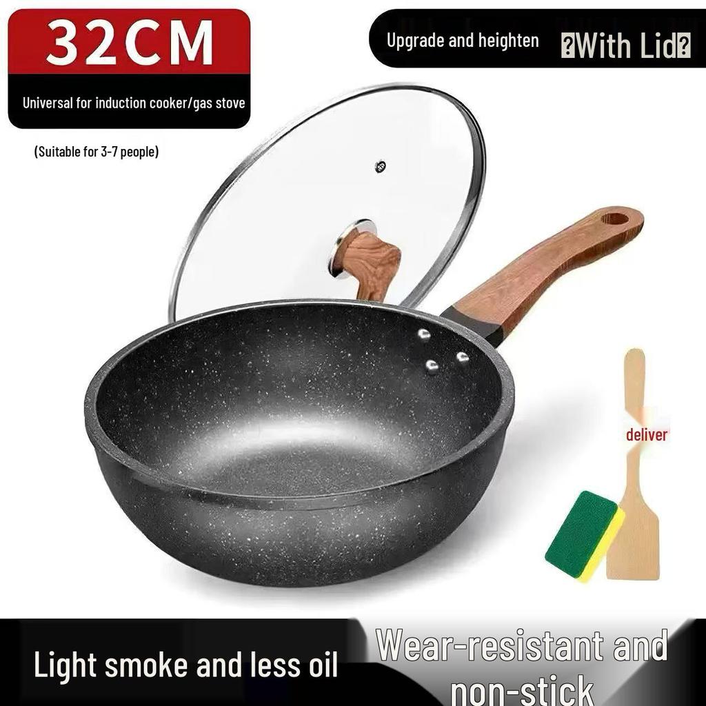 Maifan Stone Non-Stick Flat-Bottom Wok, Induction Compatible Stir-fry & Oil-Free Frying Pan.