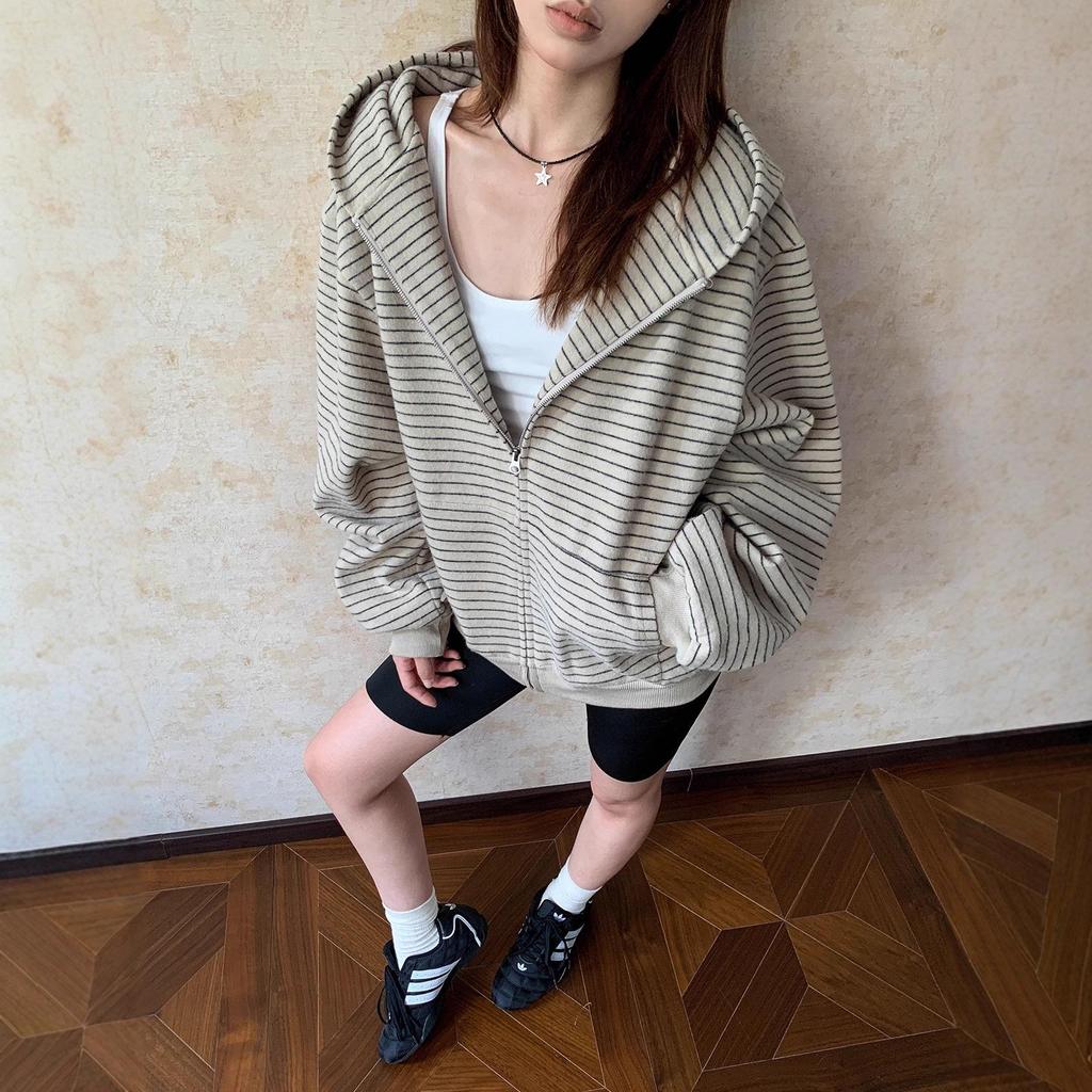 Women's Retro Korean-Style Hooded Striped Cardigan