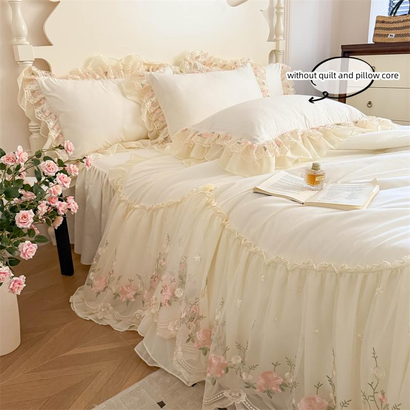 3pcs Korean Style Duvet Cover Set (1*Duvet Cover + 2*Pillowcase, Without Core), Lace Embroidery Bedding Set
