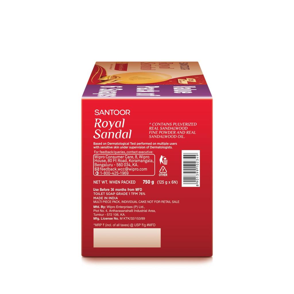 Santoor Royal Sandal Bathing Soap for Sensitive Skin Creamy Moisturizers Real Sandalwood Oil Long Lasting Fragrance Pack of 2 (125g X 6N)