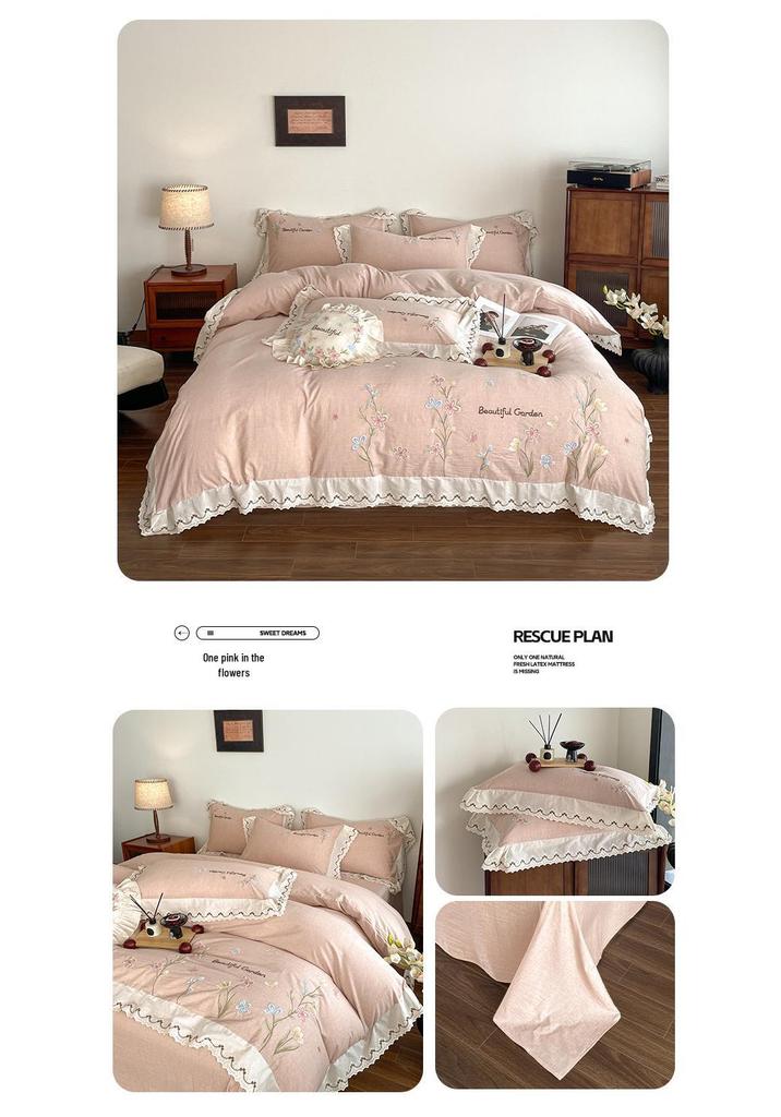 Juego de Cama de Lujo Francés Estilo Princesa de Algodón y Lino Bordado con Encaje de Cuatro Piezas con Funda Nórdica