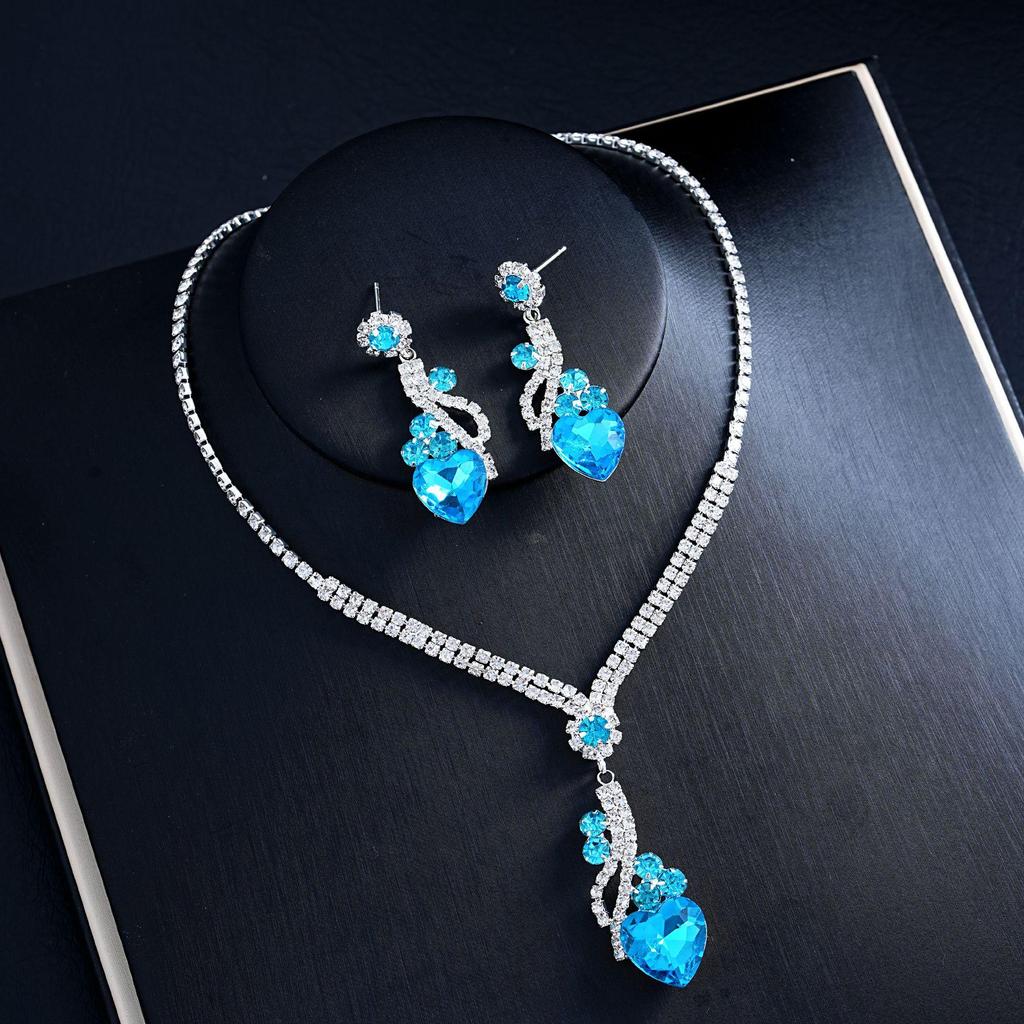 Luxury European & American Gemstone Heart Earrings & Necklace Set