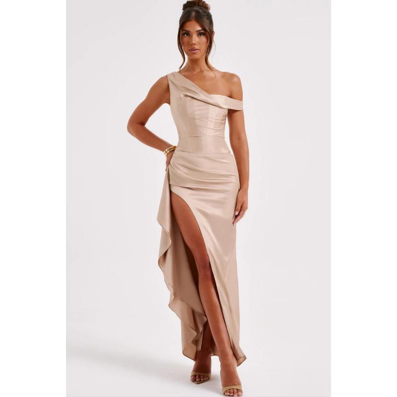 Women's One Shoulder Sleeveless High Waist Ruched Satin Bodycon Maxi Dress High Slit Irregular Evening Gown