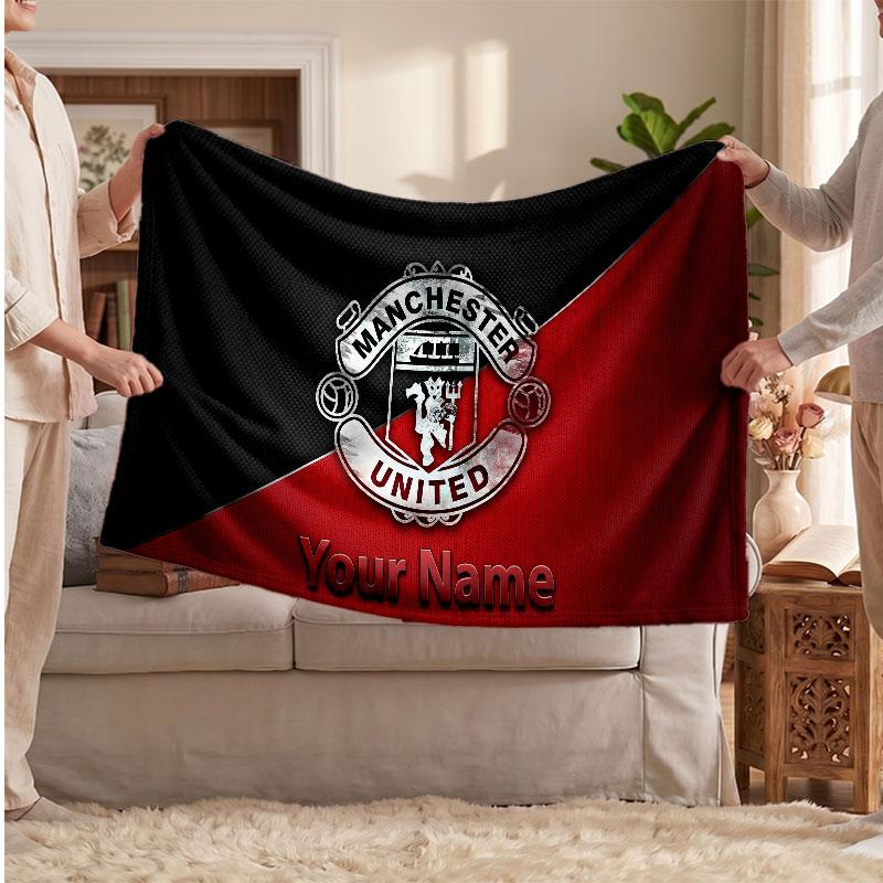 Manchester United Personalized Fleece Blanket With Football Logo, Custom Name Text Soft Warm Home Throw Blanket