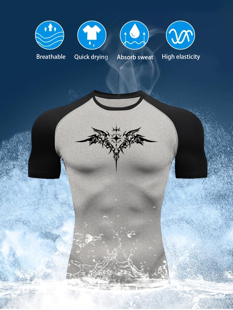 Men's Dark Tribal Tattoo Cross Compression T-Shirt Absorb Sweat for Gym Running Fitness Training