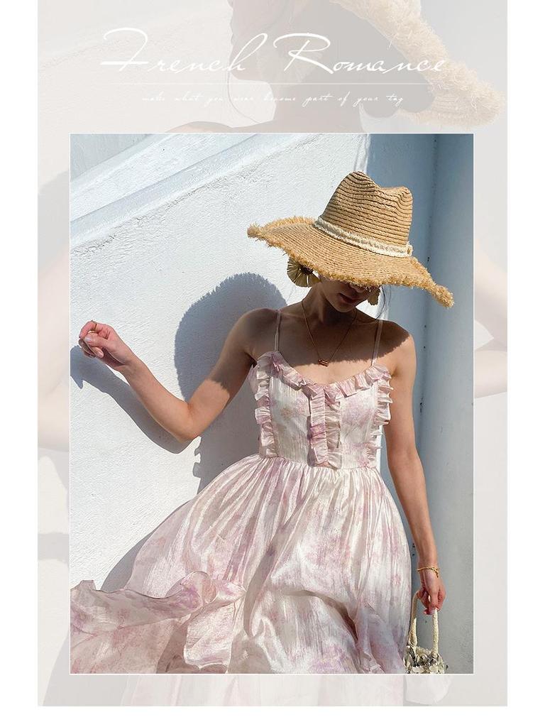 Women's Seaside Holiday Chiffon Printed Spaghetti Strap Long Beach Dress