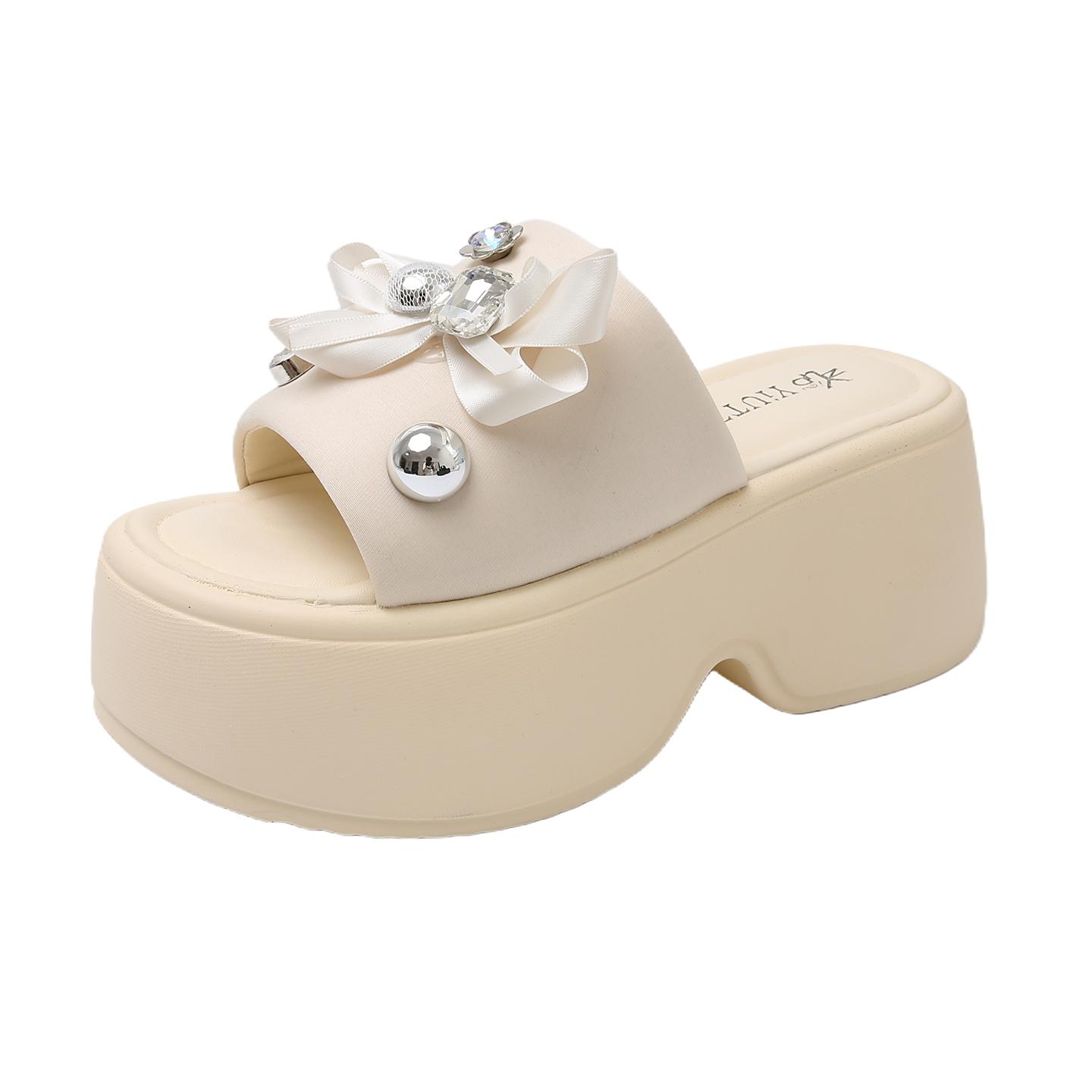 

Модные женские кристальные шлепанцы на платформе с цветком 8 см, босоножки с бантом на танкетке и высоком каблуке, летние кристальные пляжные шлепанцы, удобная женская обувь 40 бежевый