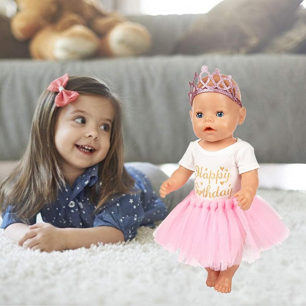 Set of 3 Birthday Doll Pink Clothing Accessories Including Skirt Romper Headband for 43cm / 17Inch Newborn Baby Doll (No Doll)