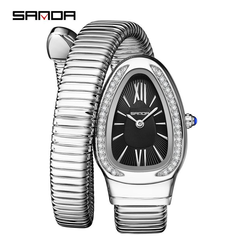 SANDA Fashion Women's Quartz Watch Serpentine Inlaid Diamond Women's Watch Retro Light Luxury Women's Quartz Watch