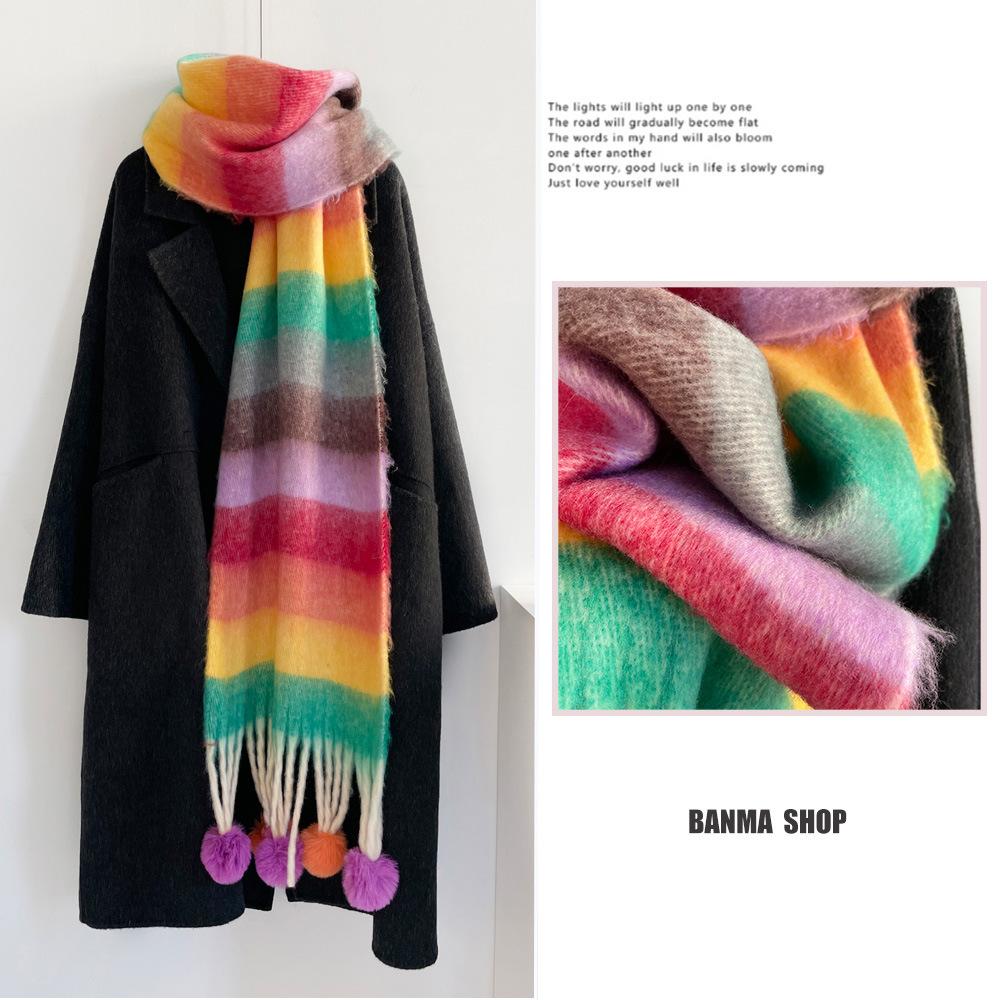 Winter Rainbow Striped Scarf Soft Hanging Hairball Scarf Mohair Thickened Warm Student Cold Scarf Shawl