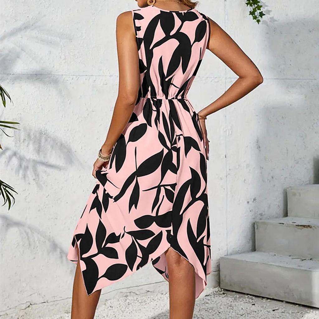 Modisches Damenkleid mit Blattdruck, verdreht und unregelmäßig, für Frühling und Sommer