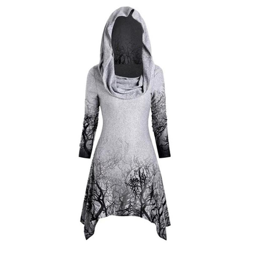 Fashion Exquisite Halloween Horror Branch Print Cloak Jacket Asymmetric Collar Knitted Hooded Cloak Top