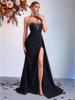 European & American Black Strapless Bodycon Dress with Slit & Rhinestones - Elegant Socialite Evening Gown