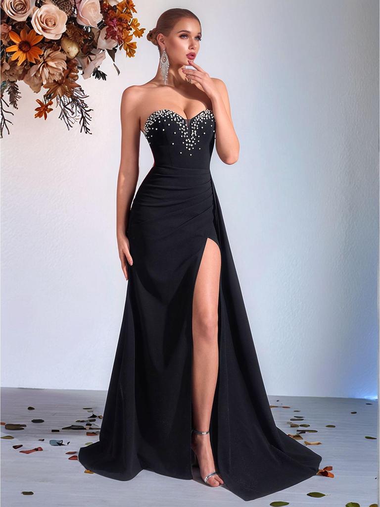 European & American Black Strapless Bodycon Dress with Slit & Rhinestones - Elegant Socialite Evening Gown