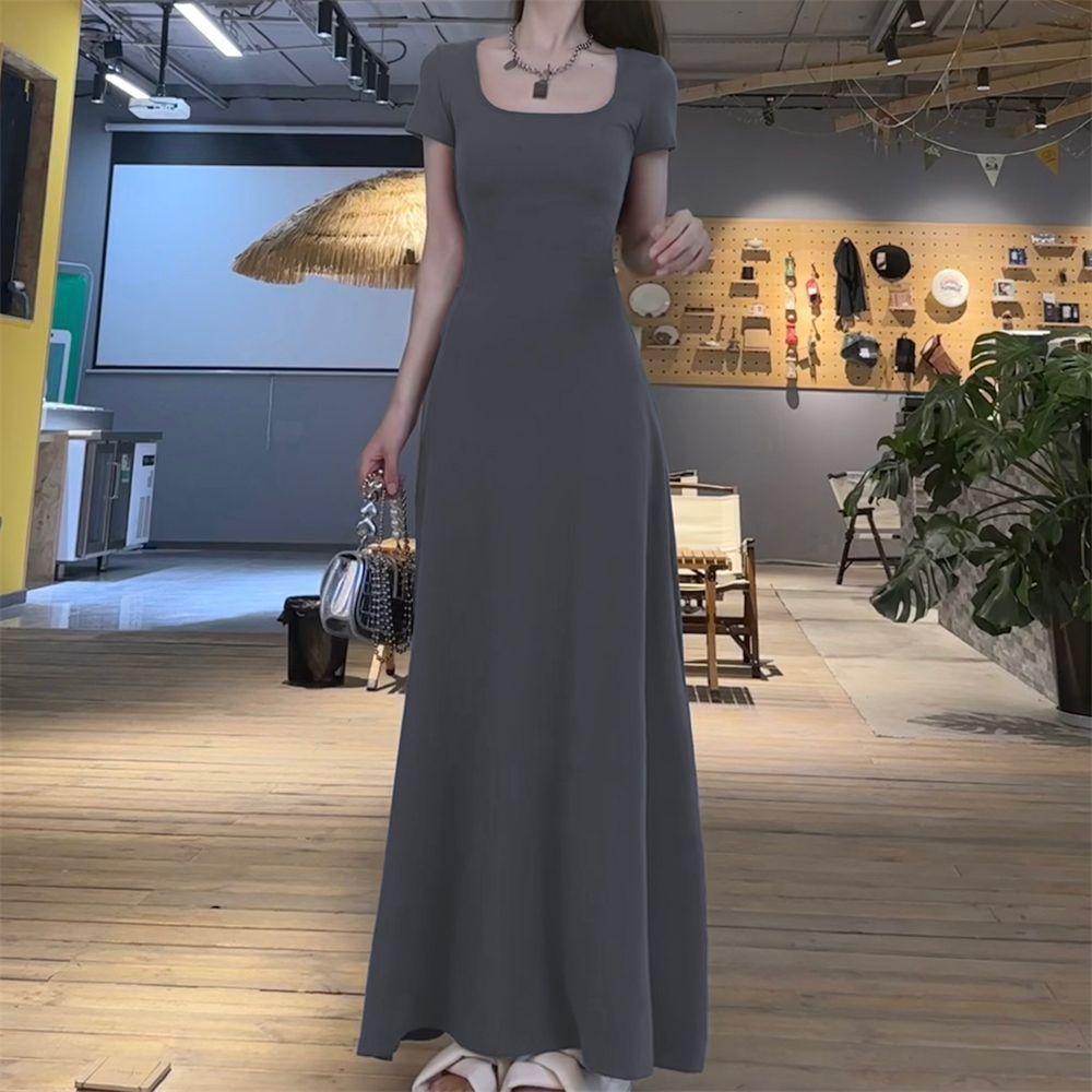 Elegant Slimming French Waist Short Sleeve Maxi Dress for Women 2026
