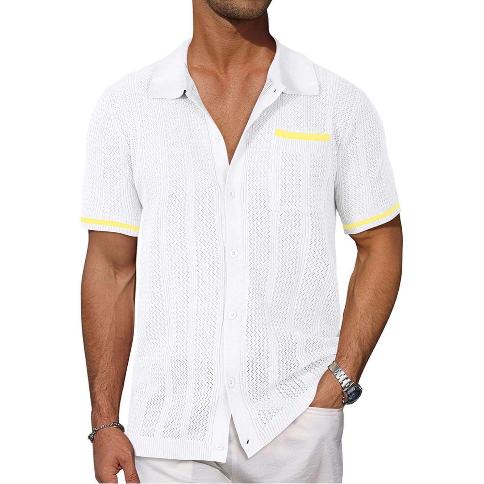 

Men s Casual Color-blocked Short-sleeved Shirt, Men s Hollow-out Breathable Button-up Shirt With Lapel XL