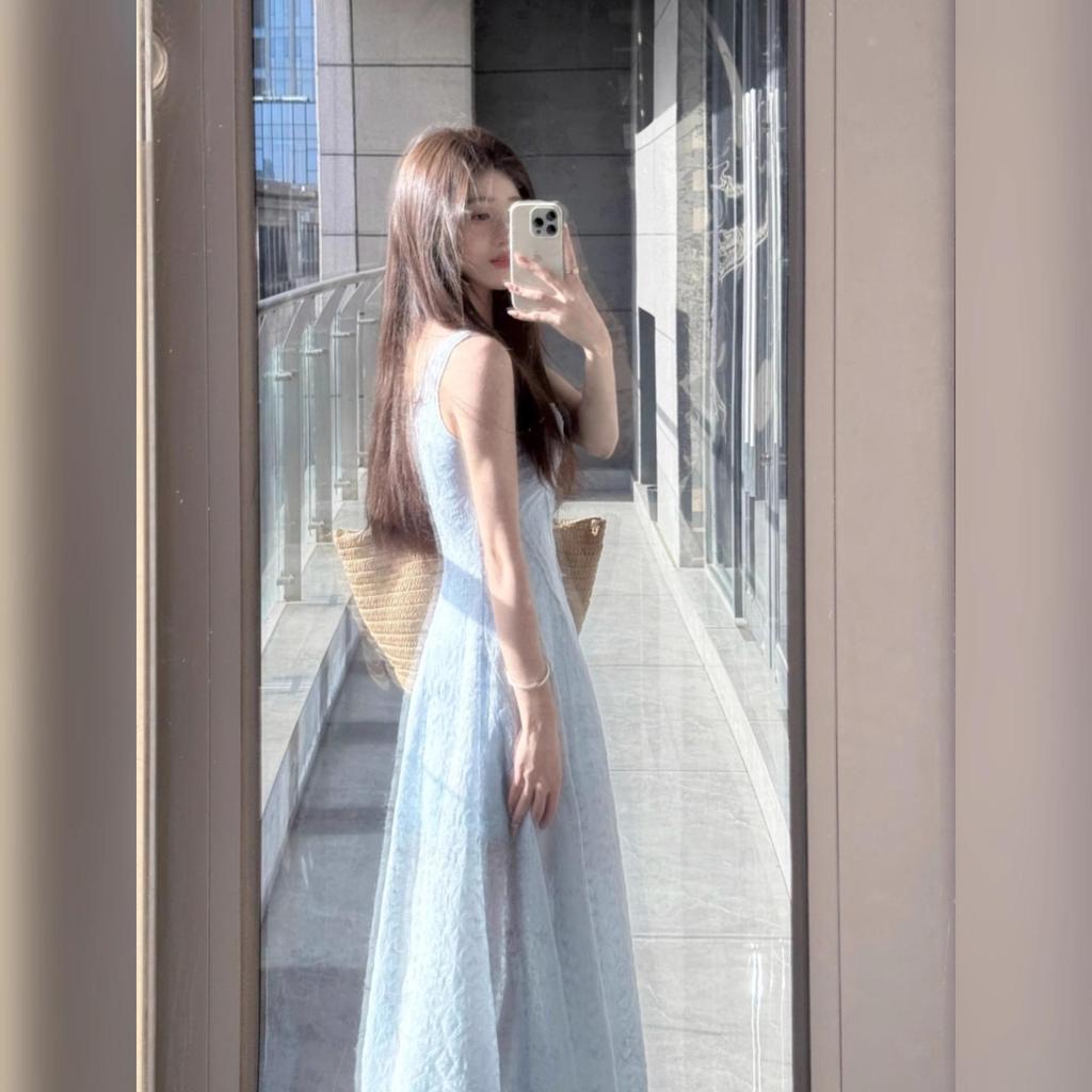 French Blue Square-Neck Spaghetti Strap Summer Dress for Women - Slim Waist, Gentle Fluffy Long Style