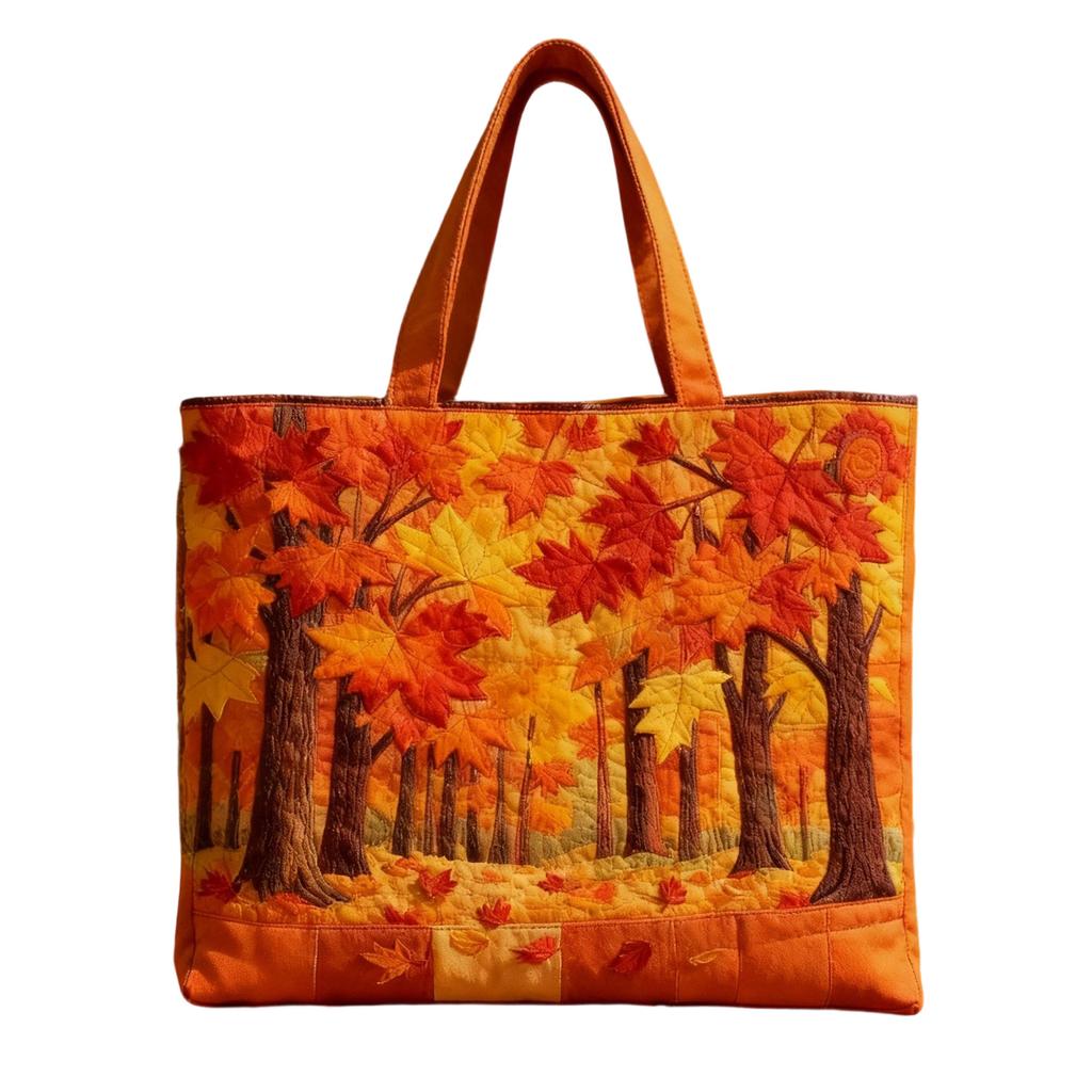 Quilted Fabric Bag with Autumn Forest Leaf Pattern Large Capacity Shoulder Handbag for Everyday Use