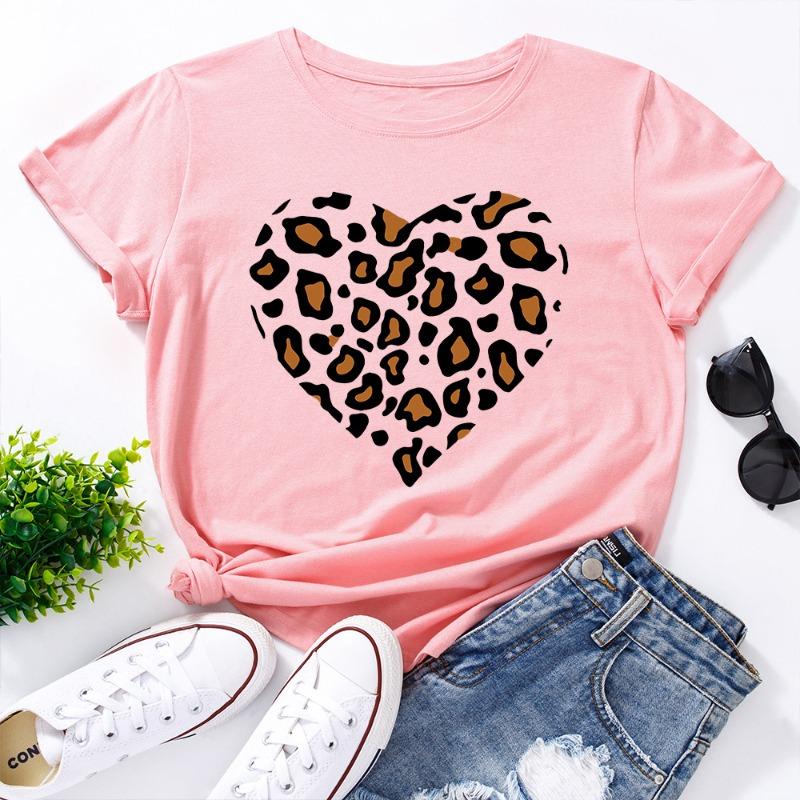 Zomer Dames Bedrukte Luipaardprint Hartvormige Losse Ronde Hals Puur Katoen Korte Mouw T-shirts Dames
