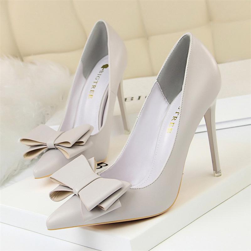Fashion Sweet Women High Heel Shoes Blue Yellow Shallow Mouth Pointed Toe Butterfly Knot Leather Wedding Party Event Pumps