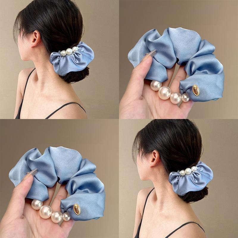 Koreanischer Stil Satin Perlenbesatz Haargummi, Elegant und Sanft Niedriger Pferdeschwanz Stil Reise Haargummi