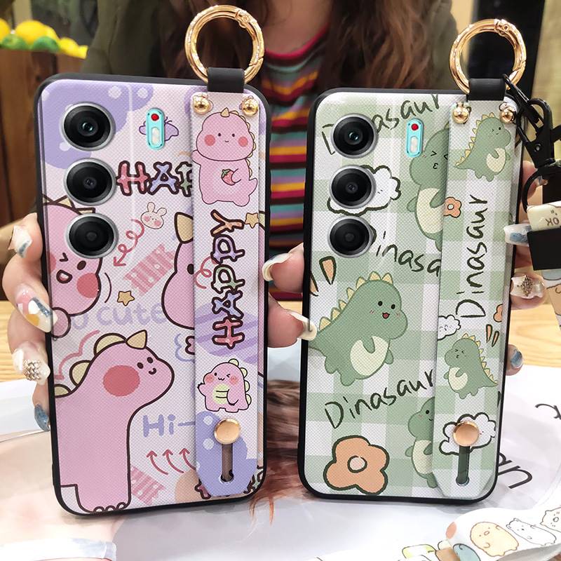Ring Shockproof Phone Case For Tecno Camon40 4G/CM5 Silicone Back Cover Wrist Strap Lanyard Cartoon Anti-dust Kickstand
