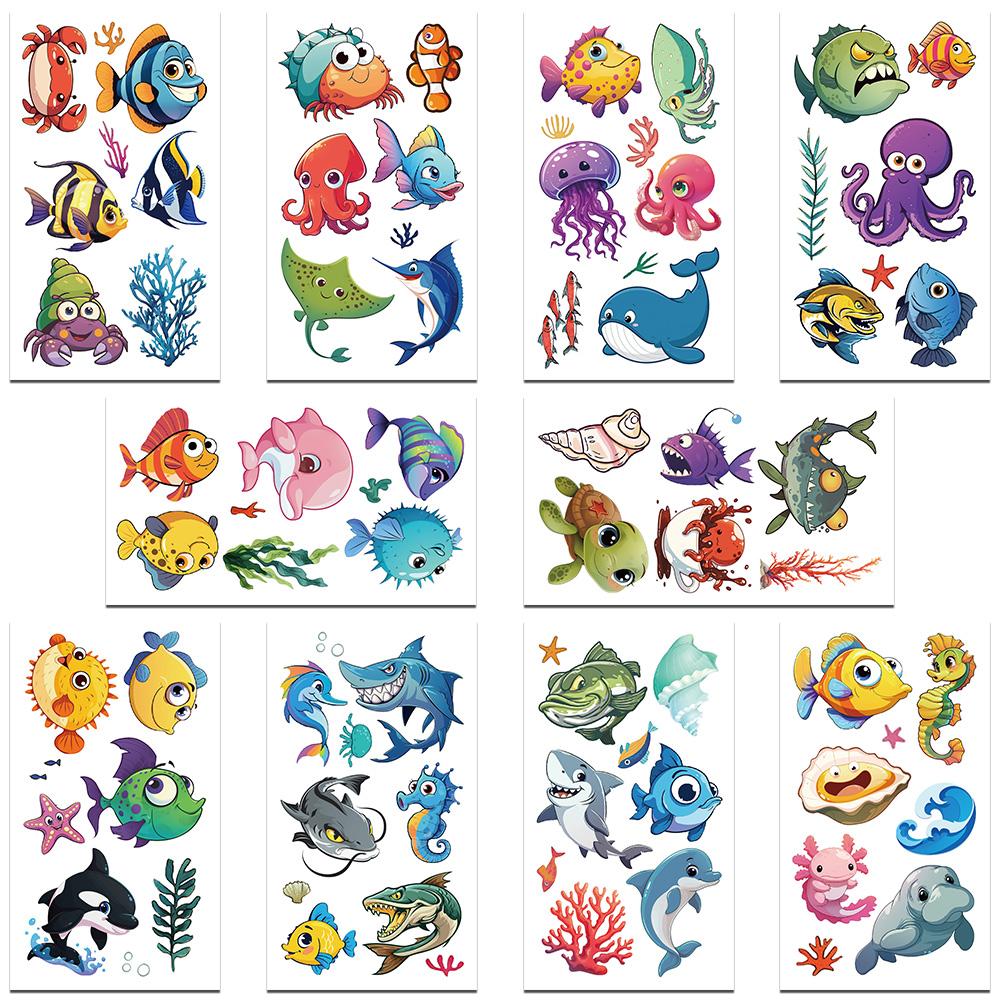 

10 листов мультфильм морской организм рыба акула краб татуировки наклейки для руки лицо тело временные поддельные водонепроницаемые татуировки наклейки
