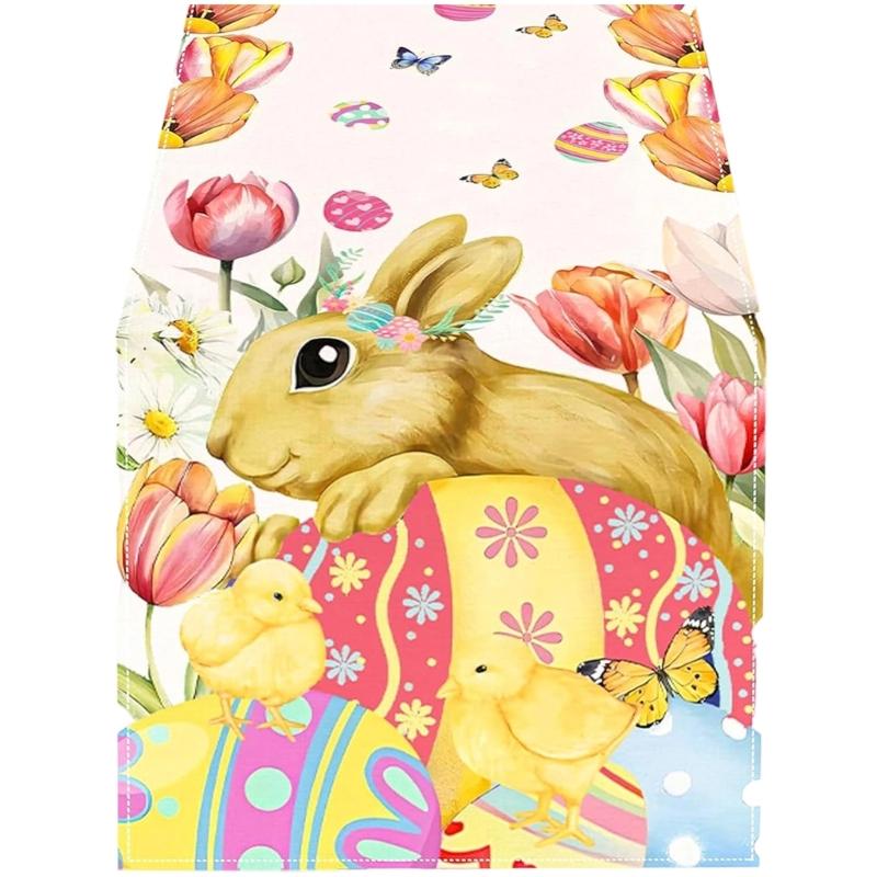 Linen Table Scarf Easter Rabbit Eggs Pattern Rectangular Washable Table Runner For Spring Decorations And Home Styling
