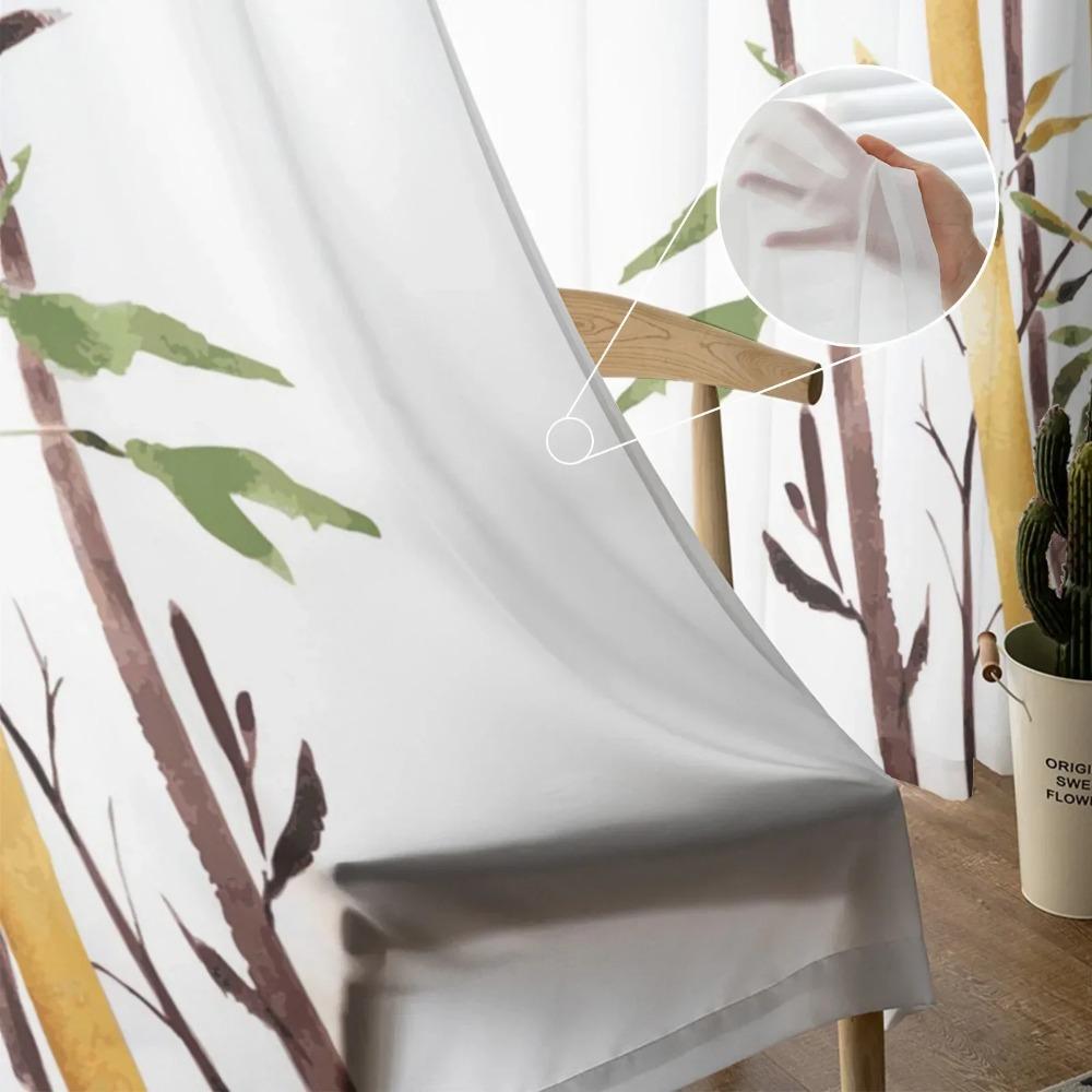 Bamboo Watercolor Painting Plant Art White Tulle Sheer Curtains for Living Room Bedroom Window Curtain Voile Organza Drapes
